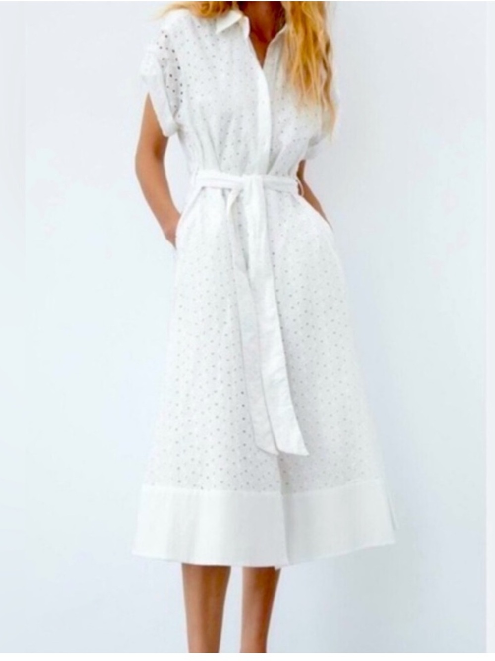 Zara White Embroidery Midi Dress with Belt and pockets. Size medium.